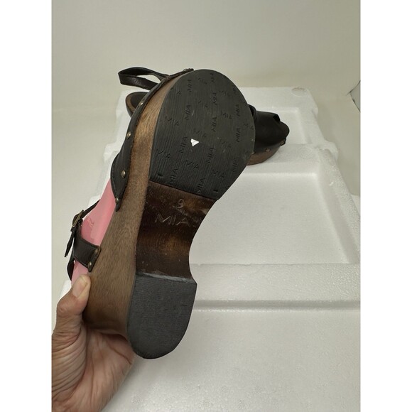 Mia Womens 9 Studed Clogs Sandals Black Leather Wood Heel Peep Toe - Picture 4 of 10